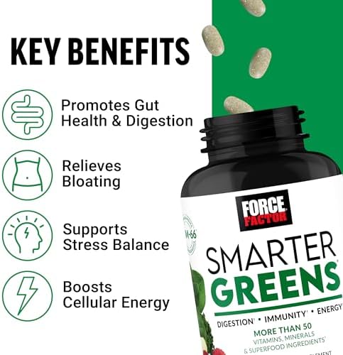 FORCE FACTOR Smarter Greens Tablets, Greens Supplement with 25+ Superfoods and Antioxidants to Improve Digestion, Reduce Stress, Strengthen Immunity, and Support Metabolism, 90 Tablets Force Factor