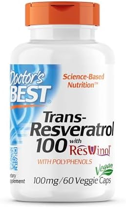 Doctors Best Trans-Resveratrol 100, Resveratrol with Red Wine Polyphenol, Non-GMO, Gluten Free, Soy Free, Vegan 60 Veggie Caps Doctor's Best