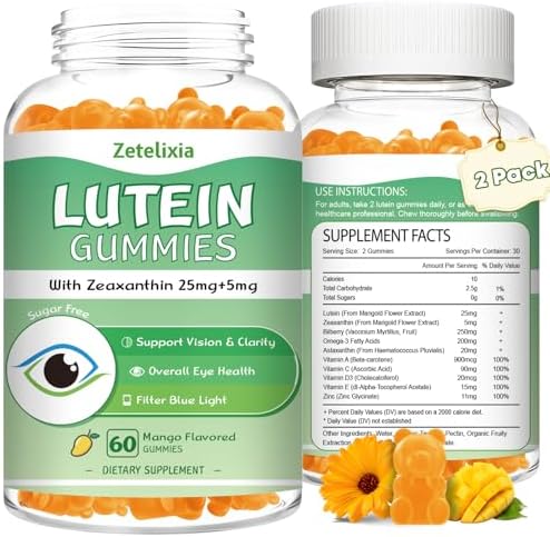 Lutein Gummies Eye Health Supplement for Adults, 10 in 1 Eye Vitamins Lutein and Zeaxanthin Gummies, Lutein Per Serving for Vision and Blue Light Protection, Mango Flavor, 60 Count Zetelixia