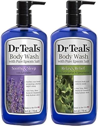 Dr Teal's Lavender & Eucalyptus Body Wash Gift Set (2 Pack, 24oz Ea) - Soothe & Sleep Lavender & Relax & Relief Eucalyptus & Spearmint - Essential Oils Calm the Mind & Promote Better Sleep Dr. Teal's