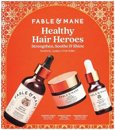 Fable & Mane Fable and Mane Healthy Hair Heroes Hair Care Gift Set. Contains HoliRoots Hair Oil 55ml, SahaScalp Scrub 50ml, MahaMane Smooth & Shine Hair Oil 14.4ml - Genuine Hair Products Fable & Mane