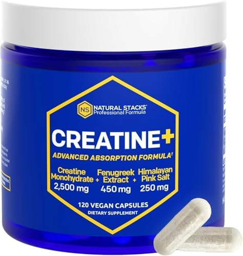 Creatine Monohydrate - 2500mg Creatine Pills - 450mg Fenugreek Extract & 250mg Himalayan Pink Salt - Supports Brain Health, Endurance & Muscle Building - Advanced Absorption Formula - 120 Capsules Natural Stacks