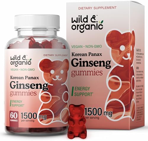 Wild & Organic Panax Ginseng Gummies 1500 mg - Korean Red Ginseng Supplement for Energy, Brain & Immune Support - Vegan, Non-GMO Root Powder Based Chews - 60 Count Wild & Organic