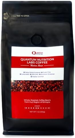 Quantum Organic Whole Roasted Coffee Beans - Medium Roast, From Guji Region of Ethiopia, Crafted for Optimal Health Benefits, Sweet & Fruity, Well-Balanced, Gluten Free, Sustainable, Non-GMO - 1 Pound Premier Research Labs