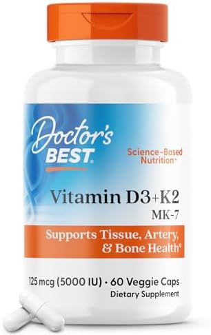 Doctor's Best Vitamin D3 + K2 (Vitamin K2 as MK-7), Supports Bone, Tissue, & Arterial Health, Calcium Absorption • Non-GMO • Gluten Free • Vegetarian, 5000 IU, 60 Veggie Caps Doctor's Best