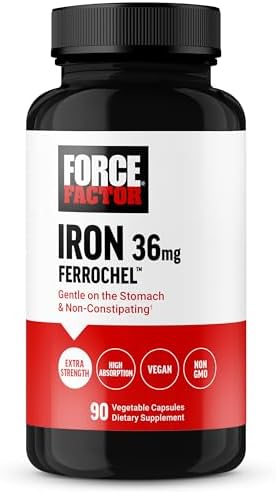 Force Factor, Iron Supplement for Women and Men, Non-Constipating, Gentle on The Stomach, Iron Bisglycinate 36mg, 90 Vegetable Capsules Force Factor