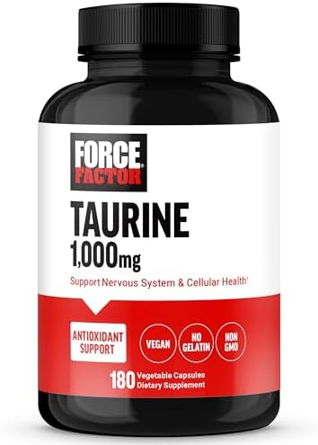 FORCE FACTOR Taurine Supplement, Taurine 500mg Capsules Antioxidant Supplement to Support Nervous System and Cellular Health, Vegan, No Gelatin, Non-GMO, 180 Vegetable Capsules Force Factor