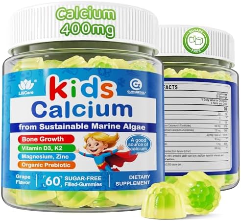 Sugar Free Kids Calcium Gummies with Prebiotics (FOS) 500mg, High Absorption Vegan Algae Calcium for Bone Growth, Kids Vitamin Gummies for Healthy Development with D3 K2, Grape Flavor, Non-GMO, 60 Cts Lilicare