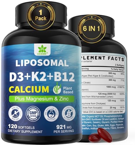 6-in-1 Liposomal Vitamin D3 K2 Calcium Supplement - Plant Based Calcium 600mg with Vegan Vitamin D 5000 IU + Vitamin K2 MK7 + B12, Algae Magnesium Zinc for Bone, Max Absorption - Pack of 1 Lilicare