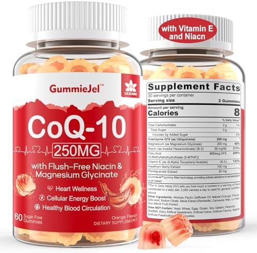 Sugar Free CoQ10 Filled Gummies 250MG, Coenzyme Q10 w/Magnesium Glycinate, Niacin No-Flush Vitamin B3, E & Folic Acid, High Absorption CoQ10 for Cellular Energy & Antioxidant, 120Cts Lilicare