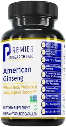 Premier Research Labs American Ginseng Supplement - American Ginseng Capsules, Herbal Ginseng Root Pills, North American Ginseng Herb Extract, Calming Energy Supplement - 60 Plant-Based Capsules Premier Research Labs