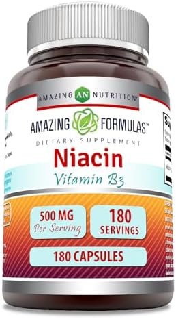 Amazing Formulas Niacin Supplement | 500 Mg Per Serving | 180 Capsules | Non-GMO | Gluten-Free | Made in USA Amazing Nutrition