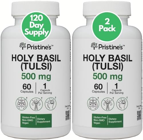 PRISTINE'S Holy Basil (Tulsi) 500 mg Relaxation & Immunity Support Adaptogen Supplement - 60 Day Supply - Holy Basil Leaf Capsules - Vegan - Non-GMO - Gluten Free Supplements Pristine'S