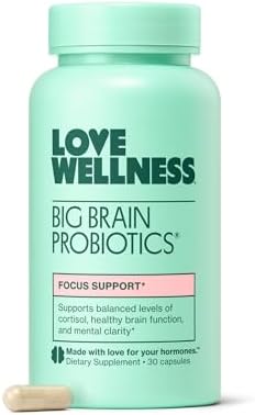 Love Wellness Big Brain Probiotics | Nootropics Brain Support Supplement | Brain Supplements for Memory and Focus | Promotes Mental Clarity & Mood | Organic Reishi, Chaga, & Lions Mane | 30 Count Love Wellness