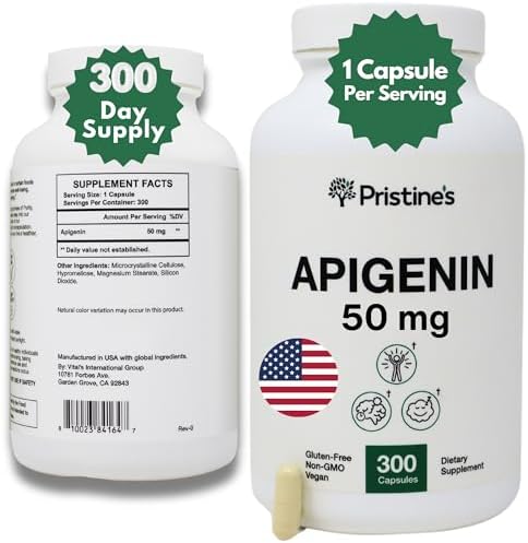 PRISTINE'S Apigenin 50mg 300 Day Supply Supplement for Sleep Capsules - Prostate Support Supplement Found in Chamomile Powder for Relaxation, Healthy Aging, Brain & Heart Health, & Immunity Pristine'S