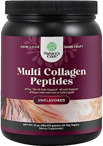 Multi Collagen Protein Powder for Women and Men - Keto Hydrolyzed Collagen Peptides 45 Servings Hair Skin and Nails Vitamins - Unflavored Bovine Type 1 3 for Bone Joint Support Natures Craft