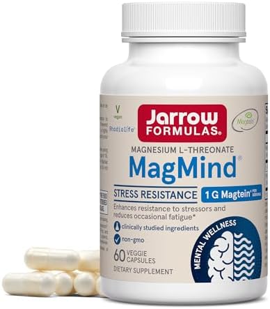 Jarrow Formulas MagMind Stress Resistance with Magtein 1g, L-Theanine and Rhodiolife, Dietary Supplement for Occasional Fatigue and Stress, 60 Veggie Capsules, 30 Day Supply Jarrow Formulas