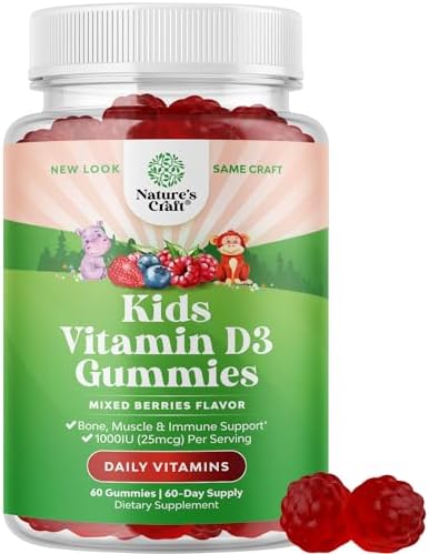 Chewable Vitamin D Gummies for Kids - Delicious Vitamin D 1000 IU Per Serving - Toddlers Immune Support Gummies - Berries Flavored Supplement for Bones Health & Muscles - Gelatin Free - 60 Chews Natures Craft