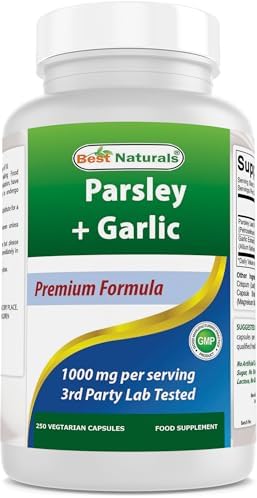 Best Naturals Parsley and Garlic 1000 mg per Serving 250 Vegetarian Capsules. Gluten Free and Non-GMO. Best Naturals