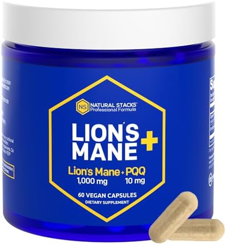 Organic Lions Mane Supplement Capsules - 1000mg Lions Mane Mushroom with 10mg PQQ - Brain Cell Optimizer for Memory, Learning, Mitochondrial Function - 60 Fruiting Body Mushroom Capsules Natural Stacks