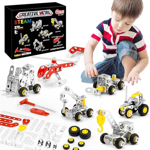 Stem Building Toys, Metal Construction Vehicles & Helicopter Model kit 6 Models, 272 PCS Erector Sets for Boys Age 8-12, Learning Toy Metal Models BESTYMXY