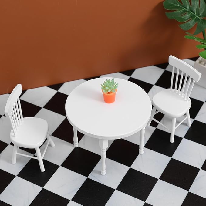 Vaguelly 1 Set Dollhouse Dining Table and 2 Chairs,1/12 Scale Miniature Table Chair Set,Wooden Dollhouse Kitchen Furnitures Miniature Table Chairs Dollhouse Table and Chairs Vaguelly