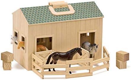 Melissa & Doug Fold and Go Wooden Horse Stable Dollhouse With Handle and Toy Horses (11 pcs) Portable Horse Barn Play Set, Toy Figures For Kids 3+ Melissa & Doug