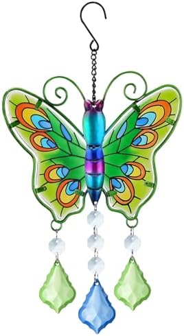 Butterfly Stained Glass Suncatcher Window Hanging with Chain Decor Spring Garden Pendant Gifts (Blue) WANFSOWO