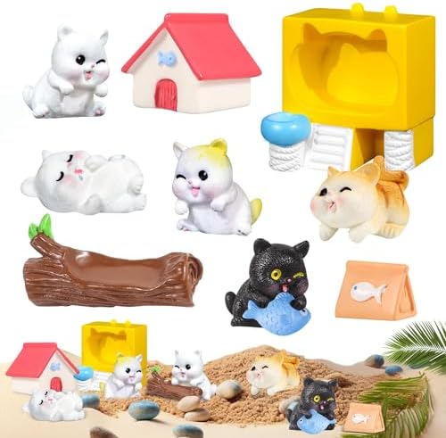 10Pack Mini Cat Figures Cake Toppers,Cartoon Kitty with House Fish Characters Toys Miniature Fairy Garden Decor for Kids Birthday Baby Shower Dollhouse Decoration BlingABC