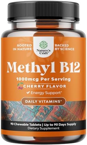 Chewable Vitamin B12 1000 mcg - Methylated B12 Vegan Vitamin for Brain Support Natural Energy - Bone Health Eye Care and Mood Boost with Hair Skin and Nails Halal Vitamins Natures Craft