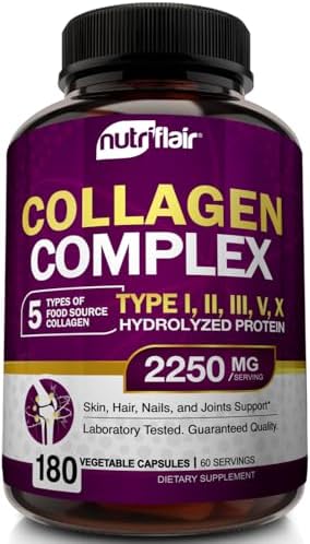 NutriFlair Multi Collagen Peptides 2250mg - Type I, II, III, V, X - Collagen Supplements Complex Powder Pills for Women and Men - Hydrolyzed Protein, Healthy Hair, Skin, Nails - Non-GMO (180 Capsules) NutriFlair