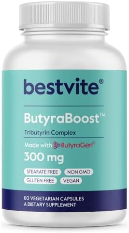 BESTVITE ButyraBoost 300mg Tributyrin Complex (60 Vegetarian Capsules) - No Stearates - Vegan - Non GMO - Gluten Free - Butyrate Gut Health Supplement Bestvite