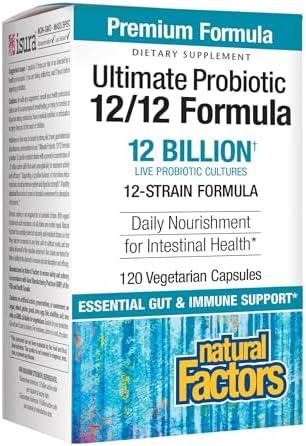 Natural Factors Ultimate Probiotic 12/12 Formula, Daily Probiotic for Ongoing Digestive Support, 12 Strains, 12 Billion CFU, 60 Vegetarian Capsules Natural Factors