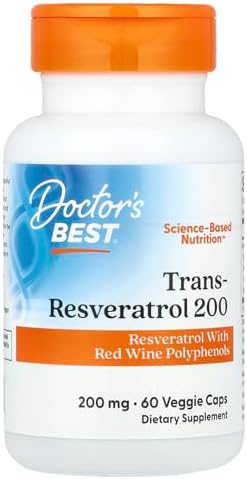 Doctors Best Trans-Resveratrol 200, Resveratrol with Red Wine Polyphenol, Non-GMO, Gluten Free, Soy Free, Vegan 60 Veggie Caps Doctor's Best