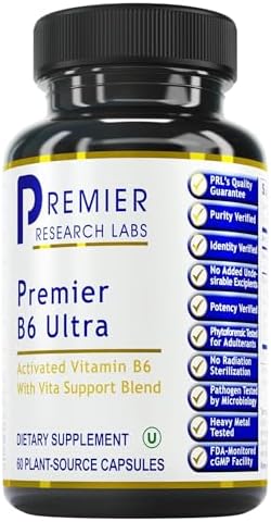 Premier Research Labs Premier B6 Ultra- P5P Vitamin B6, Pyridoxal 5 Phosphate B6 Vitamins Supplement, 50mg B6 Per Capsule, Active Form for Energy Metabolism, & Brain Function - 60 Vegetarian Capsules Premier Research Labs