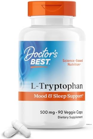 Doctor's Best L-Tryptophan , Helps Sleep, Healthy Mood & Behavior, Non-GMO, Vegan, Gluten & Soy Free, Veggie Caps, Promotes Normal, Healthy Restful Sleep, 90 Count Doctor's Best