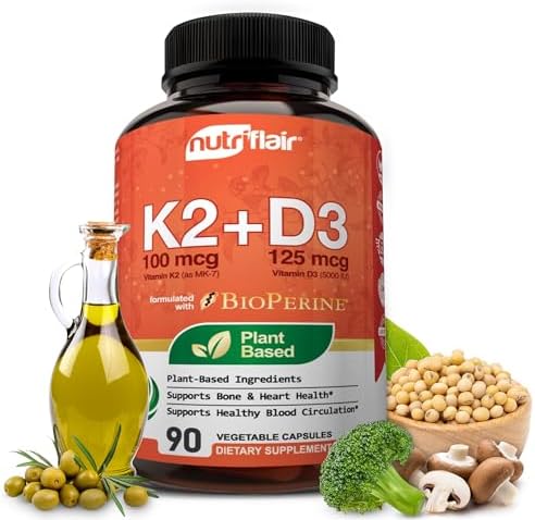 NutriFlair Vitamins D3 (5000iu/125mcg) + K2 (as Mk7) - Made with Plant-Based Ingredients Plus BioPerine Black Pepper Extract, 90 Capsules - Supports Healthy Immune, Heart and Health - Non-GMO Pills NutriFlair