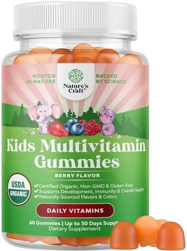 USDA Organic Kids Multivitamin Gummies - Multivitamin for Kids Immune Support with Vitamins A, C, D3, E, B6 & B12, Zinc & Iodine - Children's Vitamins Chewable Formula for Strong Health - 60 Count Natures Craft