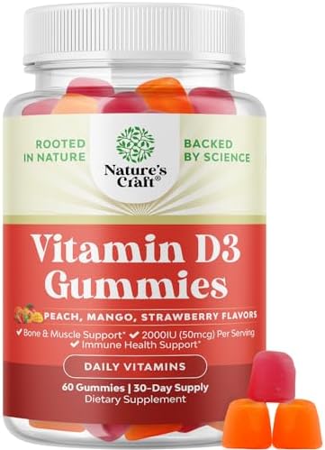 Natures Craft Vitamin D3 Gummies for Daily Wellness - Delicious D Adults with 2000IU per Serving Bone Muscle & Immune Support Non-GMO Gelatin Gluten Free (30 Day Supply) Natures Craft