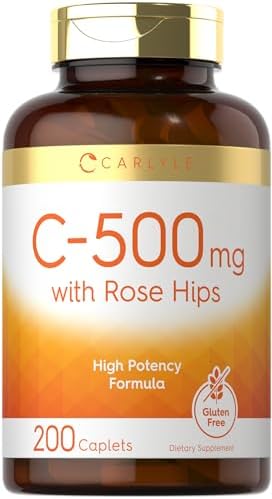 Carlyle Vitamin C with Rose HIPS 500mg | 200 Caplets | High Potency Formula | Vegetarian, Non-GMO and Gluten Free Supplement Carlyle