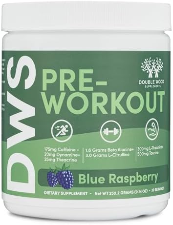 Pre Workout Powder for Men & Women (30 Servings of Caffeine, Beta Alanine, L-Citrulline, Dynamine, L-Theanine, Taurine, Theacrine, & More) Preworkout Powder with Scoop by Double Wood (Blue Raspberry) Double Wood Supplements