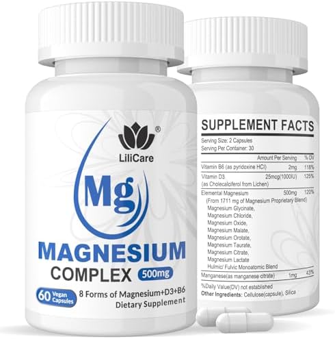 Magnesium Complex Supplement 500mg, 8 Active Forms Maximized Absorption– Glycinate, Citrate, Taurate & D3, B6 for Calm, Sleep, Mood & Healthy Muscle, 120 Capsules 2 Pack Lilicare