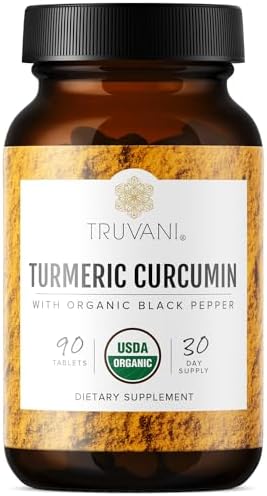 Truvani Organic Turmeric Curcumin Tablets 1,350 mg Each - Natural Joint Support with Black Pepper for Absorption - 90 Tablets Truvani