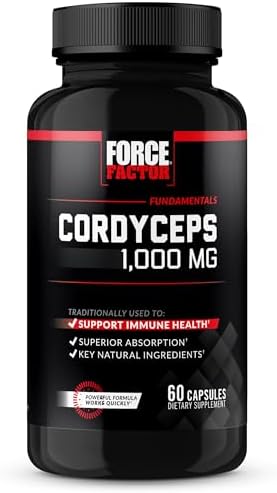 FORCE FACTOR Cordyceps Capsules with 1000mg of Cordyceps Sinensis Mushroom Extract, Traditionally Used to Improve Vitality, with BioPerine for Quick Absorption, Key Natural Ingredients, 60 Capsules Force Factor