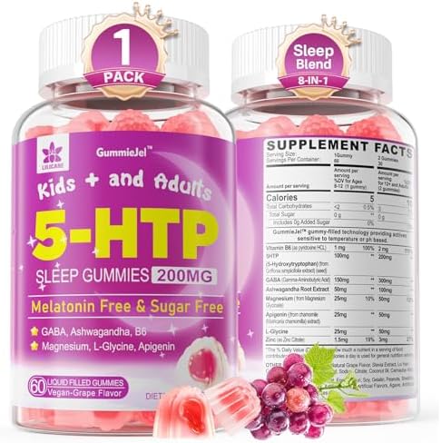 5HTP Gummies for Adults & Kids 8+, Melatonin Free Sleep Gummies with Magnesium Glycinate, GABA, L-Glycine, Ashwagandha, VB6 for Delicious Sleep, Brain & Muscle Relaxation, Natural Grape Flavor, 60Cts Lilicare