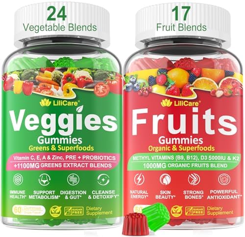 Sugar-Free Fruits and Veggies Gummies w/D3K2, B9, B12, Magnesium, 41+ Natural Superfood Fruits and Vegetables Supplement for Digestive & Gut Support, Energy, Nutrient Balance,Antioxidant Non-GMO 2pack Lilicare