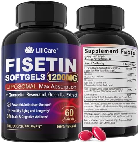 Fisetin Supplement - Liposomal Super Absorption 98% Pure 1200mg with Quercetin, Resveratrol, Green Tea Extract for Healthy Aging & Longevity, Skin Health, Brain & Antioxidant - 60 Softgels Lilicare