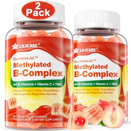 Vitamin B Complex Filled Gummies for Women & Men, Methylated w/Omega 3, Magnesium,CoQ10, Ashwagandha,Vitamin C, TMG -All B Vitamins- B1,B2,B3,B5,B6,B7,B9 Folate,B12,Inositol,PABA, Sugar Free Lilicare