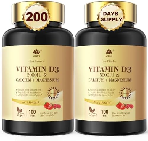 Fast Dissolve Vitamin D3 5000IU with Calcium & Magnesium - for Quick Nutrient Absorption-Sugar Free Chewable Supplement for Bones Strength, Teeth, Muscle, Immune Health,200 Fast Melt Tablets Lilicare