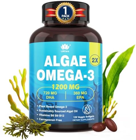 Vegan Omega 3 DHA EPA Supplement with Methyl B9, B12, Vitamin B6 & E for Women Men, Fish Oil Alternative, Plant Based Algae Oil for Brain, Eye, Energy & Immune Support, 120 Mini Softgels Lilicare